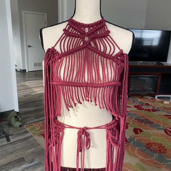 Handmade Wine Red Macramé Dress Unique Small - Picture 3 of 16